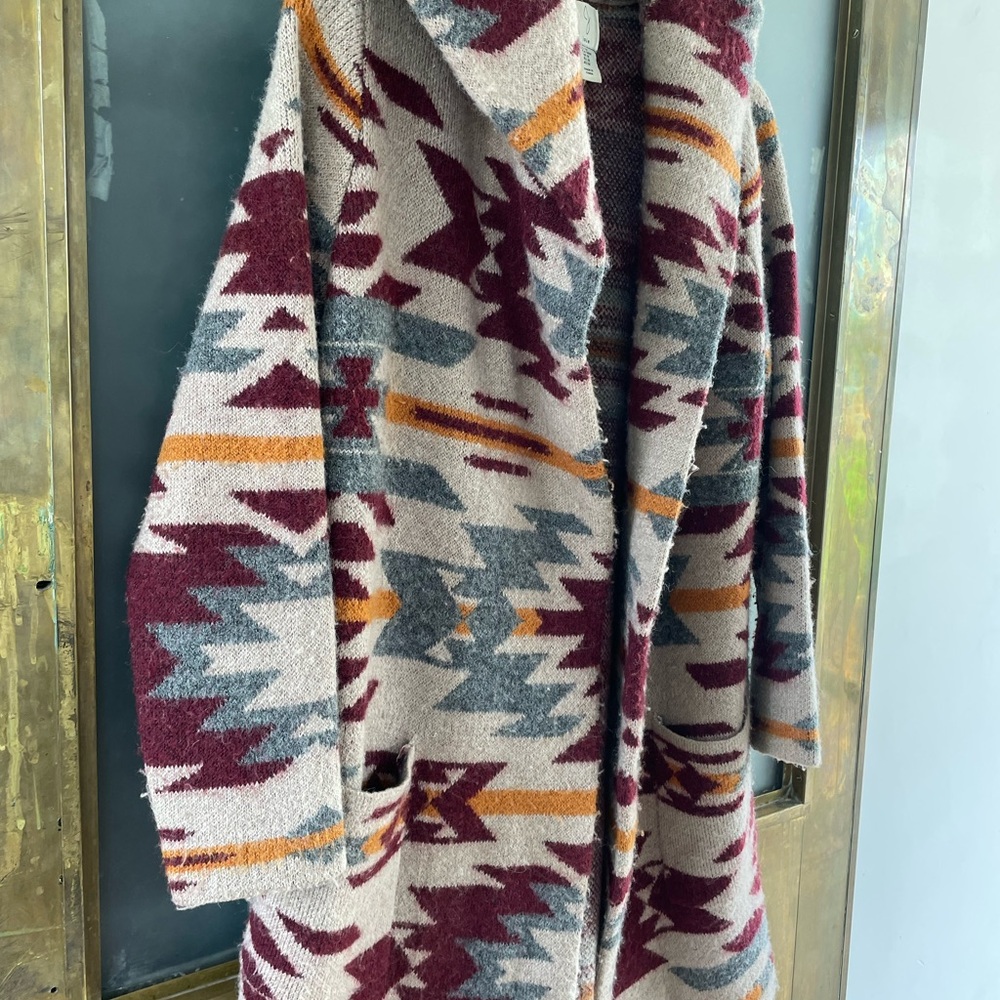 Joie Southwestern Aztec Wool Blend Hooded Duster Cardigan Coat M - Picture 4 of 6